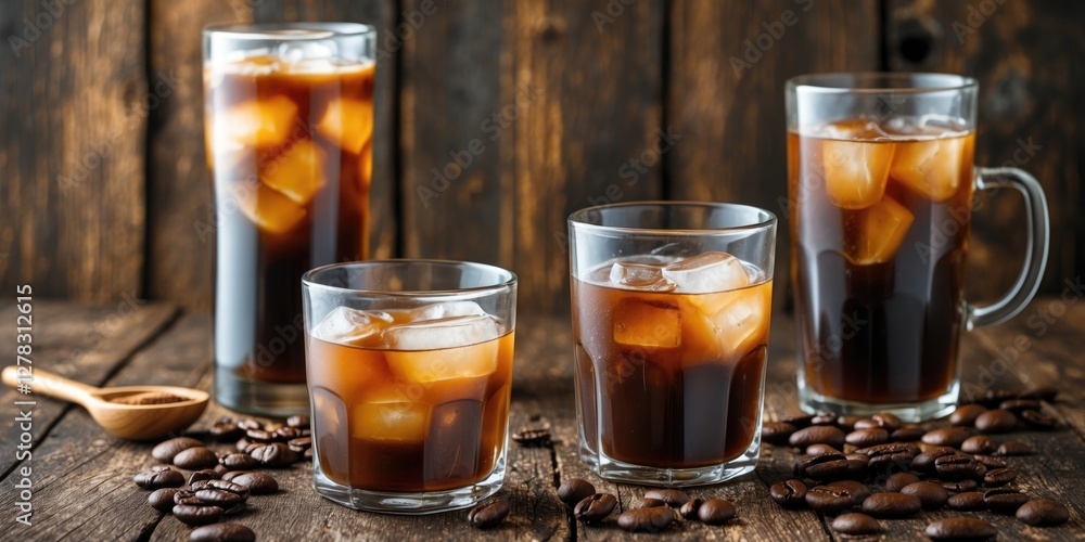 Poster iced coffee glasses arranged on a rustic wooden table with coffee beans and empty space for text or 