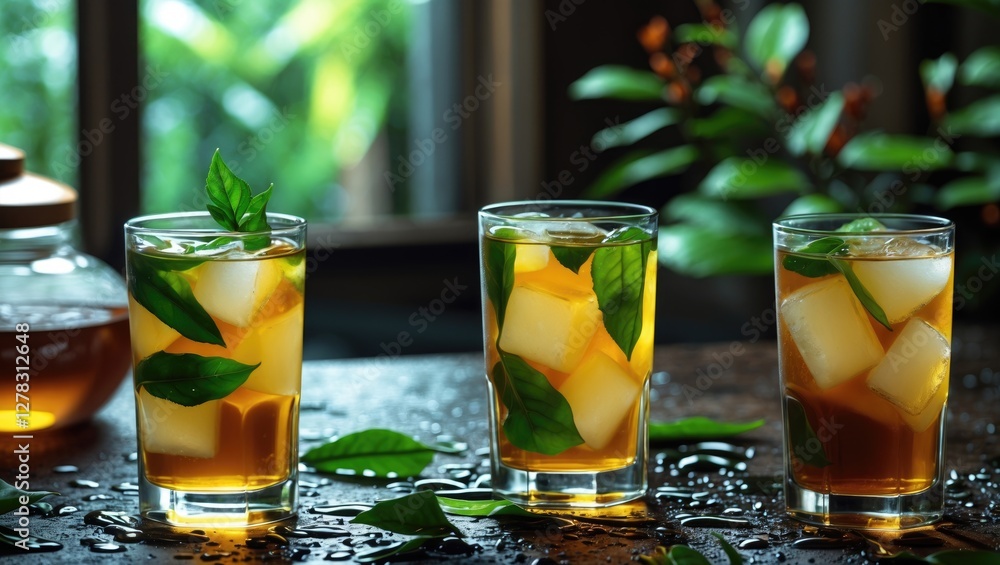 Poster Refreshing Iced Green Tea with Fresh Mint in Glasses on Rustic Table with Space for Custom Text and Natural Background.