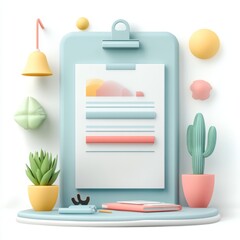 3D Styled Document on Clipboard with Colorful Background Elements