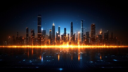 Fototapeta premium Night Cityscape Skyline with Illuminated Buildings and Reflections in Dark Blue Sky