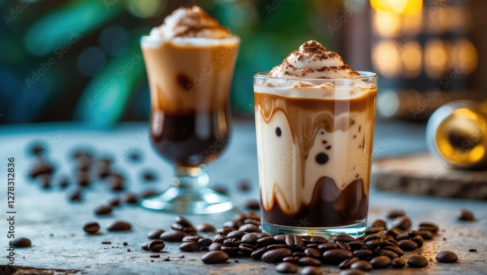 Poster iced mocha coffee latte with cocoa and cream garnish surrounded by coffee beans on rustic table with
