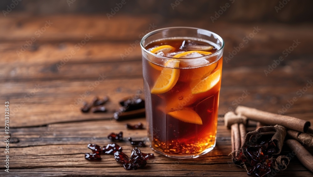 Poster refreshing iced sweet tea in a glass with citrus slices on a rustic wooden table surrounded by spice