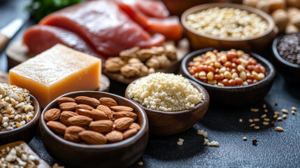 Fototapeta premium A variety of nuts and grains are displayed in wooden bowls on a counter