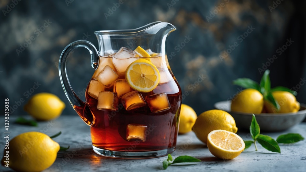 Aufkleber refreshing iced tea pitcher with ice and lemon slices surrounded by fresh lemons on a rustic surface