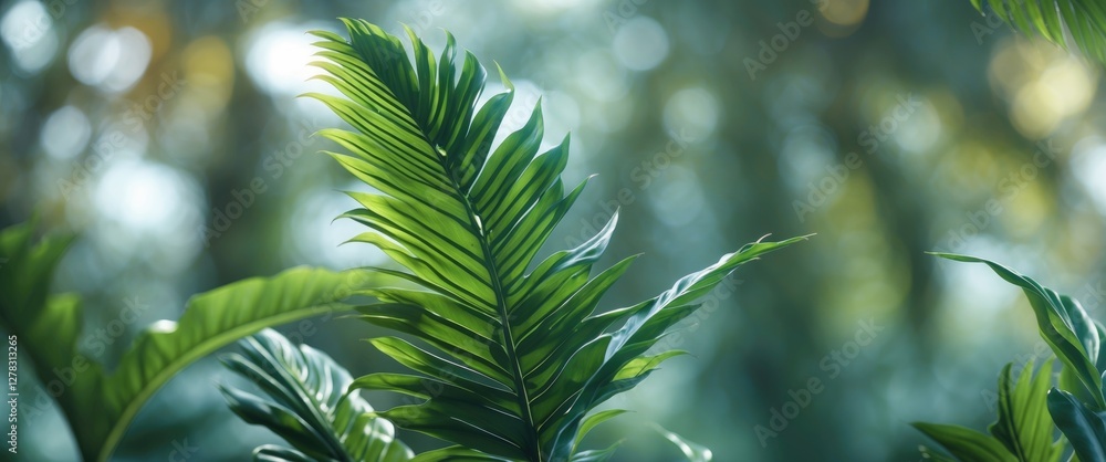 Poster tropical green leaf close up with blurred background and space for text in lush natural setting idea