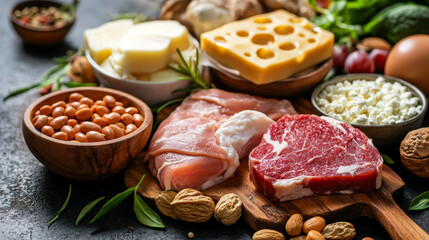 A variety of foods including meat, cheese
