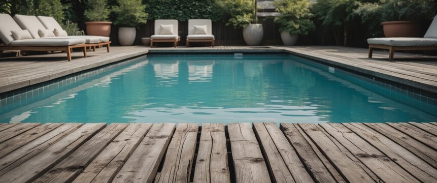 Elegant empty swimming pool with wooden deck and lounge chairs surrounded by greenery ideal for relaxation and promotional text space