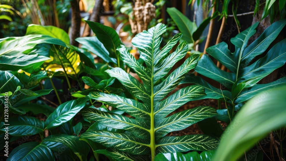 Aufkleber tropical foliage closeup showcasing intricate leaf patterns and vibrant green textures with ample co