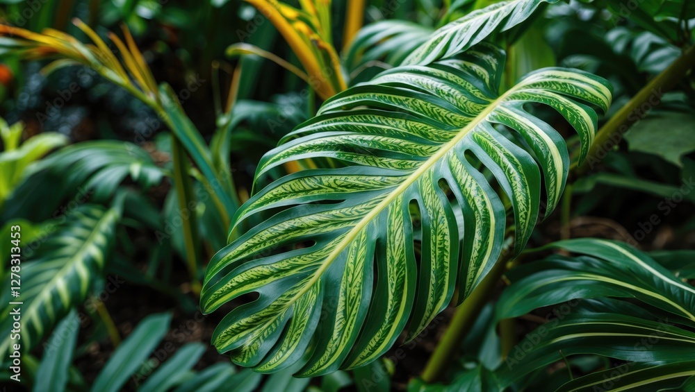 Poster tropical leaf showcasing intricate patterns and rich textures in a lush garden setting with ample sp