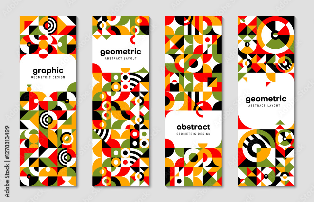 Aufkleber Modern abstract geometric banners with pattern of shapes and colors, vector backgrounds. Retro Swiss or modern Scandinavian graphic pattern with simple geometric shapes and color element for banners
