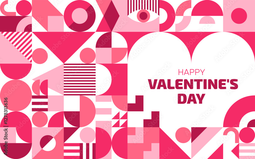 Poster valentine day banner with pink abstract modern geometric pattern. vector background with love heart,