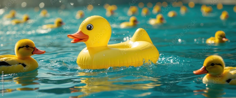 Poster bright yellow inflatable duck float in pool surrounded by smaller ducks creating a fun and safe swim