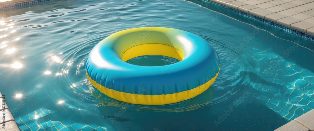 Poster vibrant inflatable pool ring floating in clear water with sunlight reflections creating a relaxing s