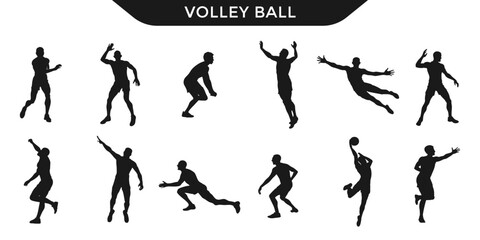 Collection of volleyball players silhouettes in various action poses