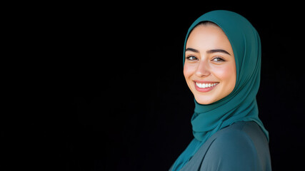 A woman wearing traditional green abaya and hijab isolated on black background