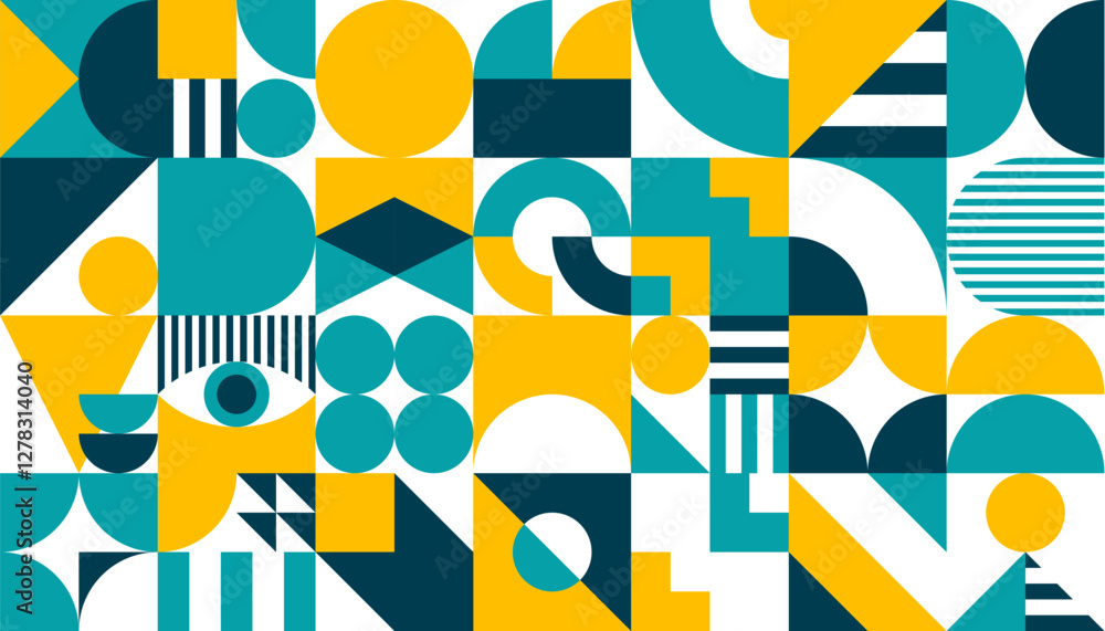 Poster yellow, blue, turquoise and white abstract geometric background with minimal graphic shapes and figu