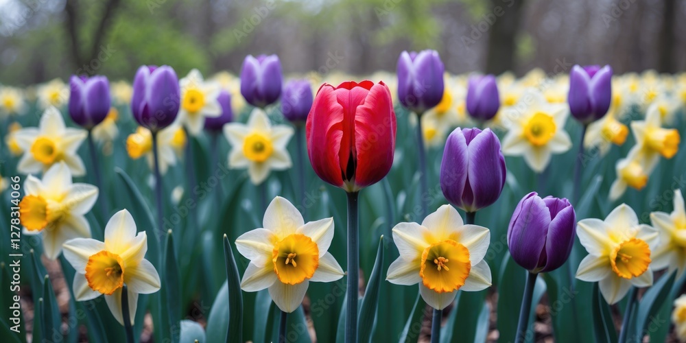 Poster colorful tulips surrounded by daffodils in spring garden blooming landscape with space for text and 