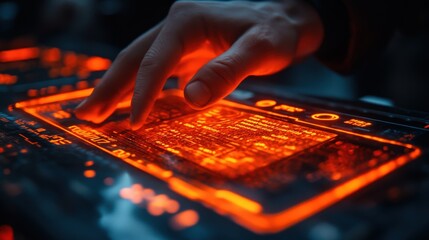 Close-up of a hand interacting with a futuristic, glowing orange touchscreen interface.  The image evokes advanced technology and innovation.