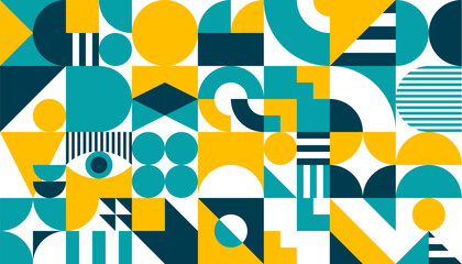 Yellow, blue, turquoise and white abstract geometric background with minimal graphic shapes and figures vector pattern. Modern art tile or cover with color lines, circles and triangles mosaic ornament