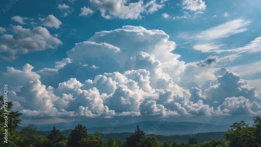 Aufkleber dramatic billowing clouds against a vibrant blue sky with distant mountains creating a serene and pi