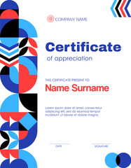 Obraz premium Certificate of appreciation template with abstract geometric pattern, vector background. Certificate of appreciation or diploma layout template with modern geometric pattern for education award