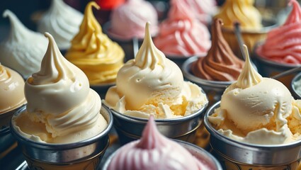 Naklejka premium Colorful Assortment of Italian Gelato in Cups with Soft Swirls and Copy Space for Text