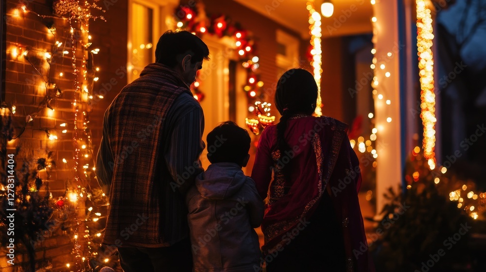 Wall mural A family walking through their neighborhood, admiring the Diwali lights and decorations on other homes