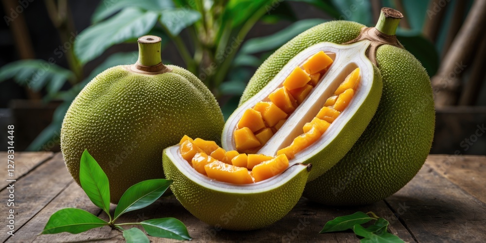 Poster fresh jackfruit halved with juicy segments displayed on rustic wooden surface surrounded by greenery