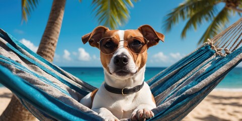 Jack Russell Dog Relaxing On Hammock With Sunglasses At The Beach Surrounded By Palm Trees Summer Vibes With Copy Space For Text