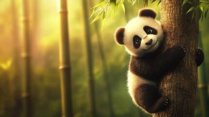 Obraz premium Cute Baby Panda Climbing a Tree Surrounded by Green Bamboo Forest