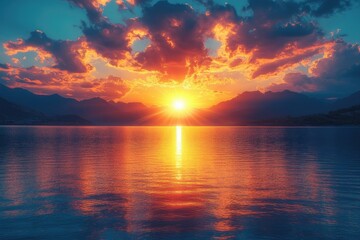 Obraz premium Majestic Sunset Over Mountain Lake Landscape