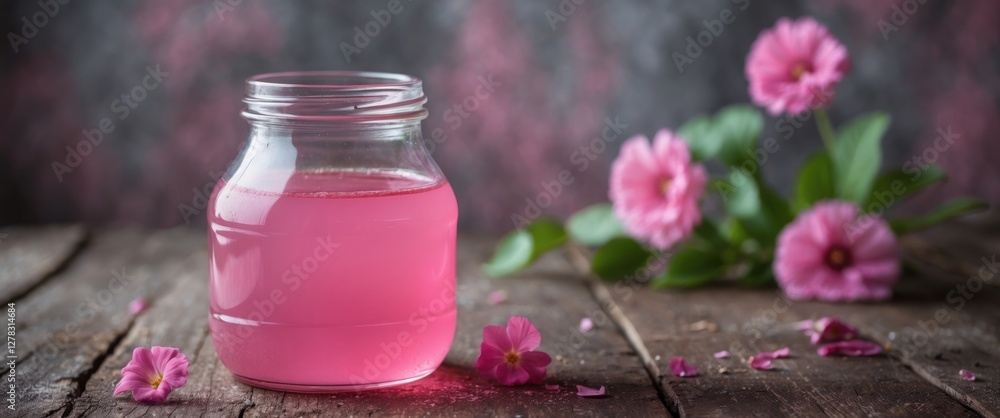 Poster pink liquid in jar surrounded by fresh flowers on rustic wooden table with empty space for custom te