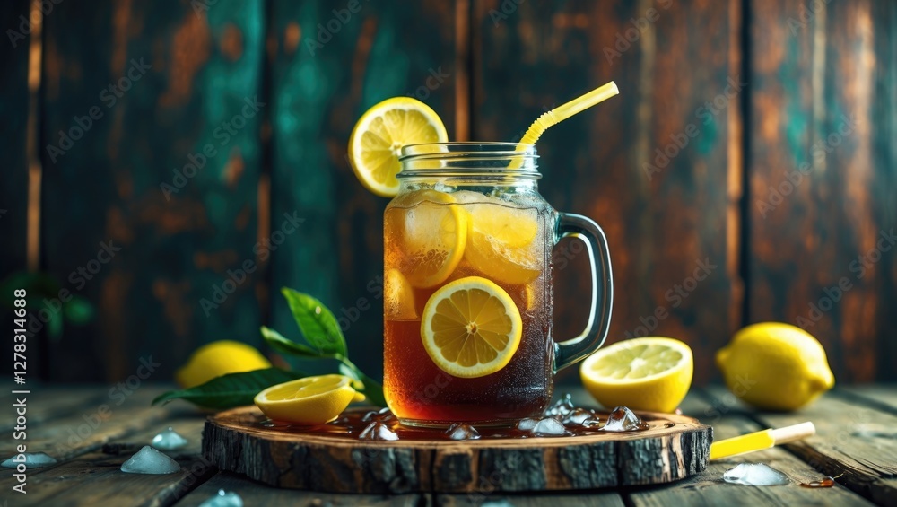 Poster refreshing lemon iced tea in jar with straw surrounded by fresh lemons on rustic wooden table with i