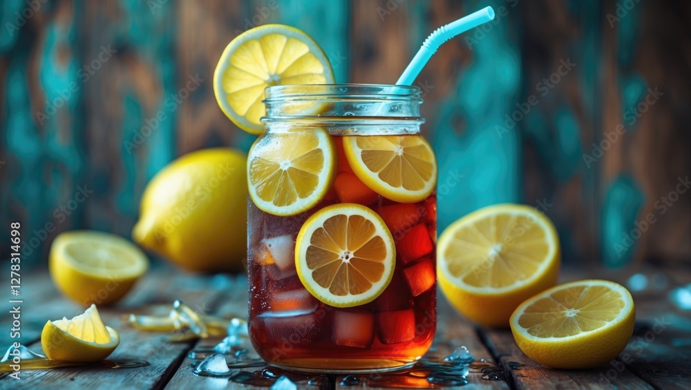 Poster refreshing lemon iced tea in a jar surrounded by fresh lemons and ice on a rustic wooden table with 
