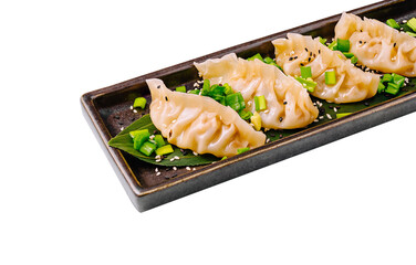 Delicious dumplings served on a dark plate with fresh toppings