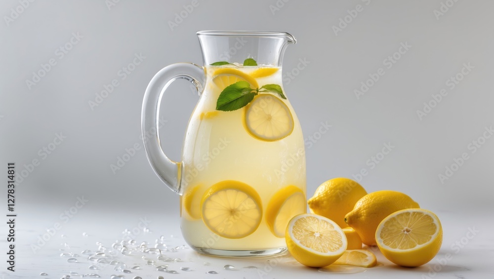Poster fresh lemonade pitcher with lemon slices and lemons on white background ideal for summer refreshment