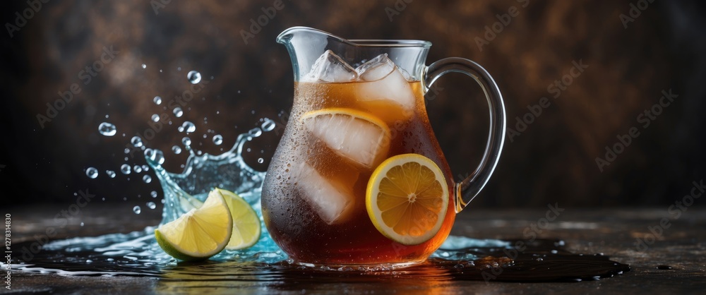 Poster refreshing cold brewed iced tea in a jug with lemon slices and ice cubes splashing against a dark ru