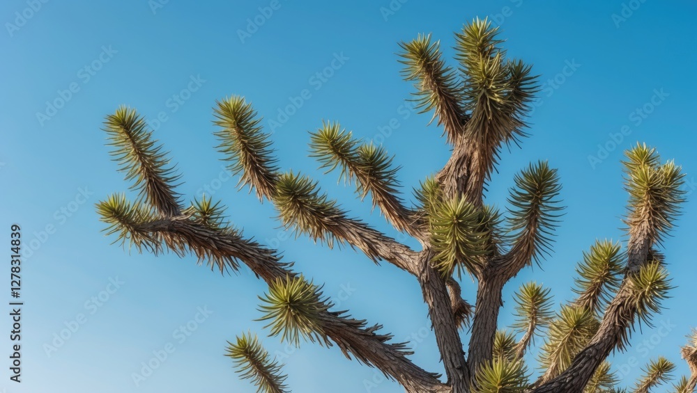 Poster joshua tree branches against clear blue sky featuring ample space for text overlay and creative desi