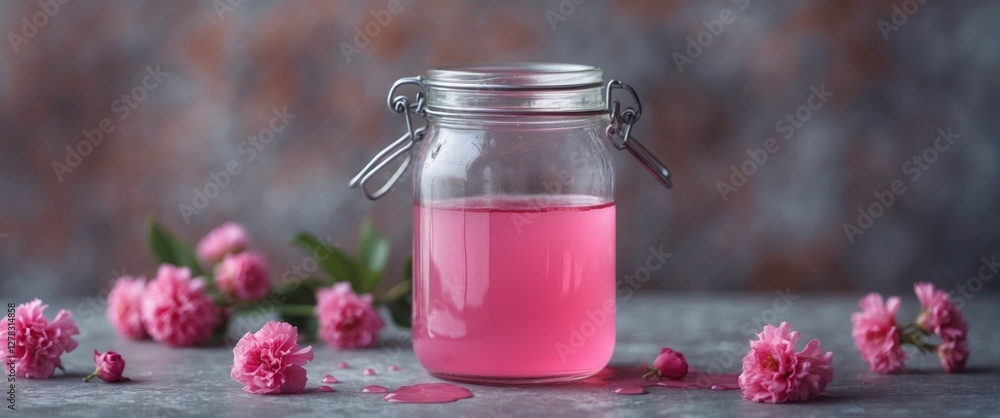 Poster pink liquid jar surrounded by flowers on table with space for text or branding use in creative and a