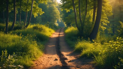 Obraz premium Tranquil Forest Pathway for Jogging Morning Walks Surrounded by Lush Greenery in a Serene Natural Landscape Perfect for Outdoor Activities