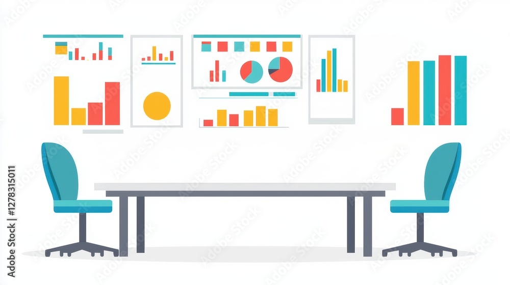 Poster office space with graphs and charts on walls.