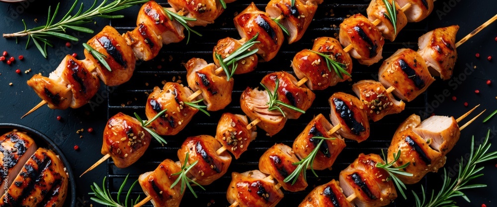 Aufkleber grilled chicken skewers with rosemary and spices on barbecue grill with empty space for text ideal f