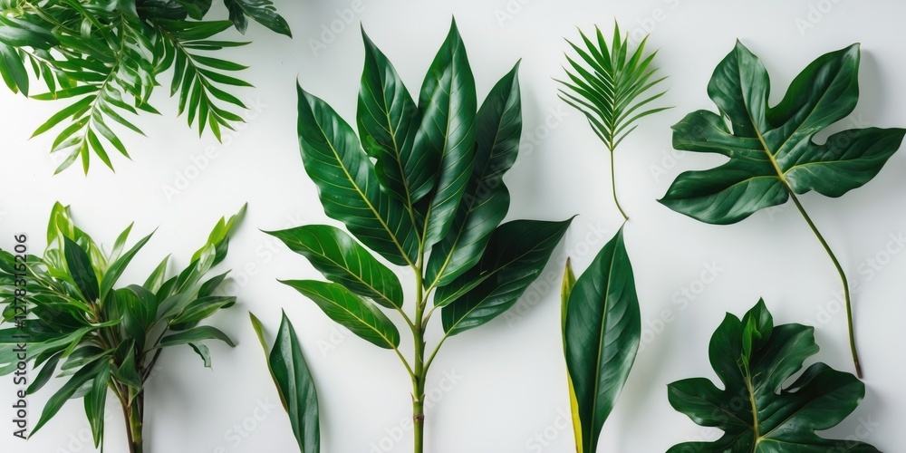 Poster diverse jungle leaves arrangement isolated on white background with empty space for text and design 