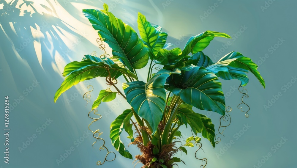Poster lush tropical plant isolated on soft background with clipping path for text insertion and botanical 