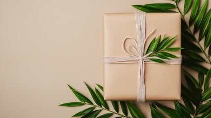 A beautifully wrapped gift box adorned with natural foliage, resting on a soft surface, exuding a sense of elegance and thoughtfulness.