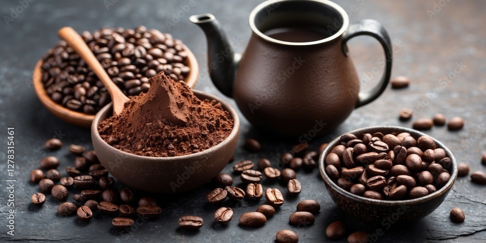 Poster kettle with cocoa powder and coffee beans on stone surface with empty space for text invitation to e
