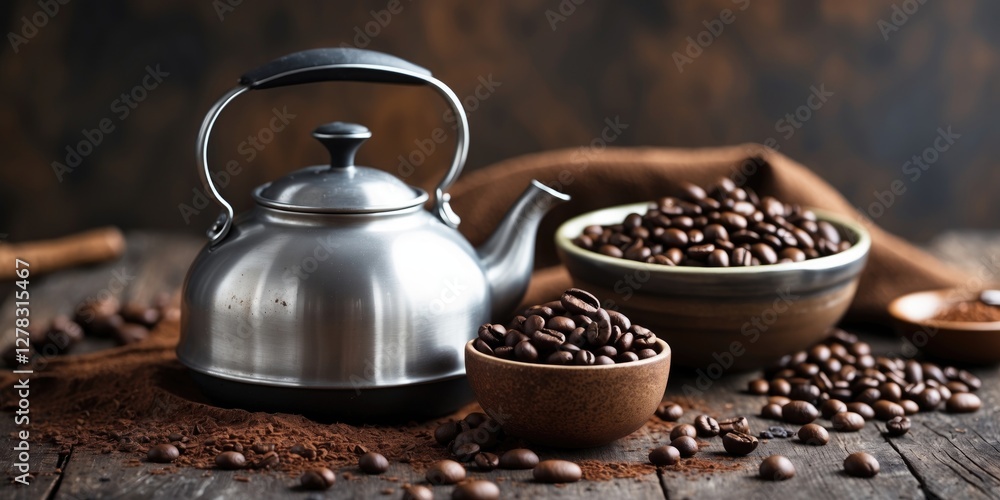 Aufkleber kettle with cocoa and bowls of coffee beans on rustic wooden table empty space for text organic coff