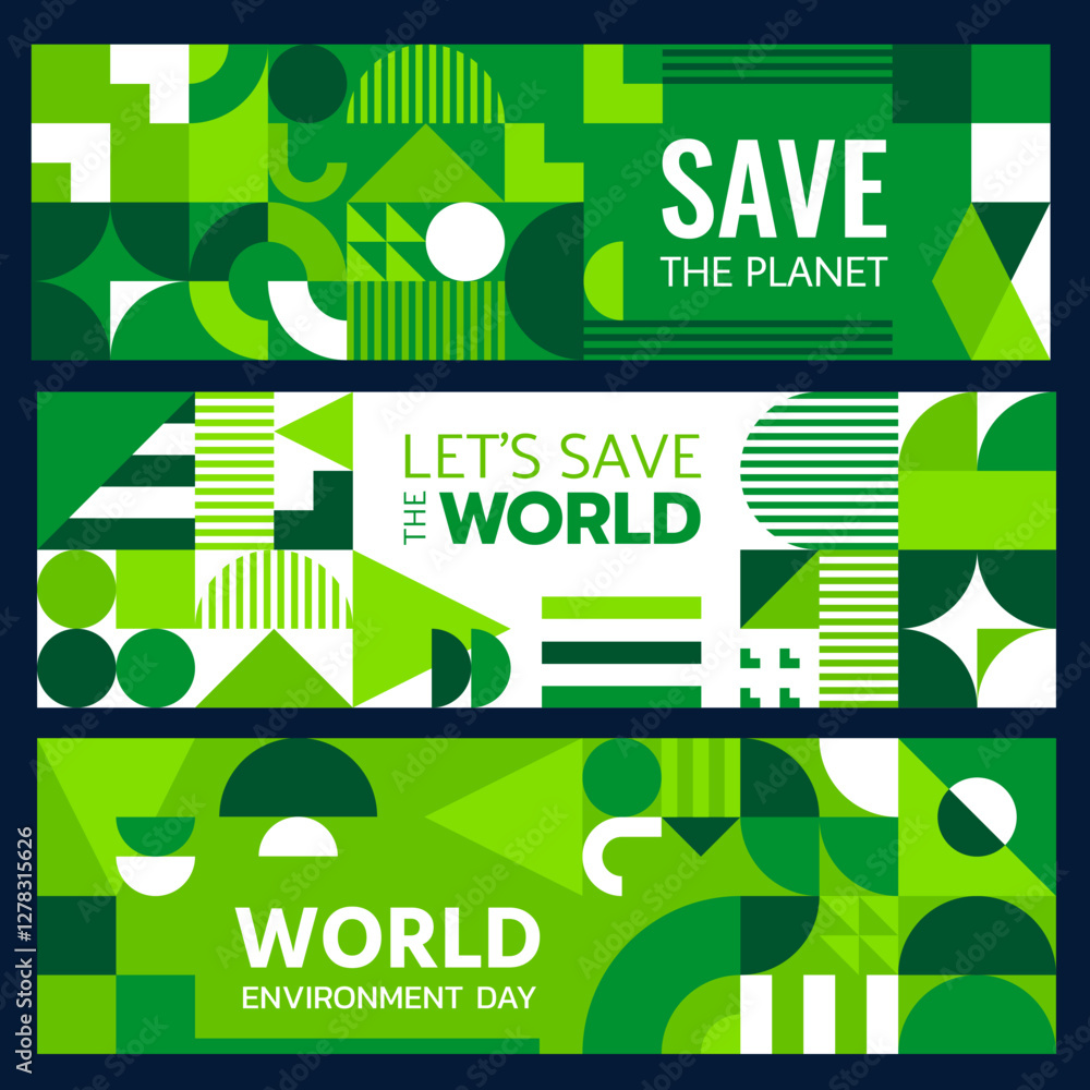 Aufkleber Environment ecology banners with green modern geometric pattern. Abstract vector graphic background with simple geometry mosaic of green triangle, circle, square shapes. World environment Day banners