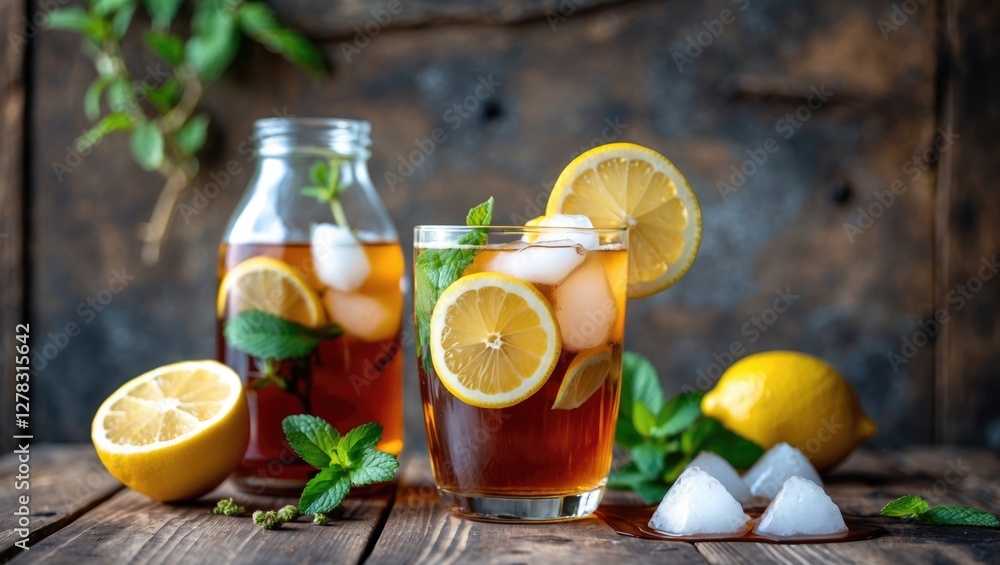 Poster kombucha tea infused with lemon and mint served on ice in a rustic setting with space for custom tex
