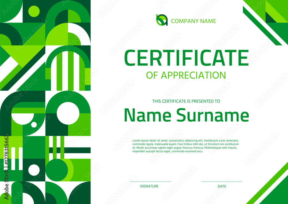 Poster certificate of appreciation template, environment ecology theme with green geometric pattern frame. 